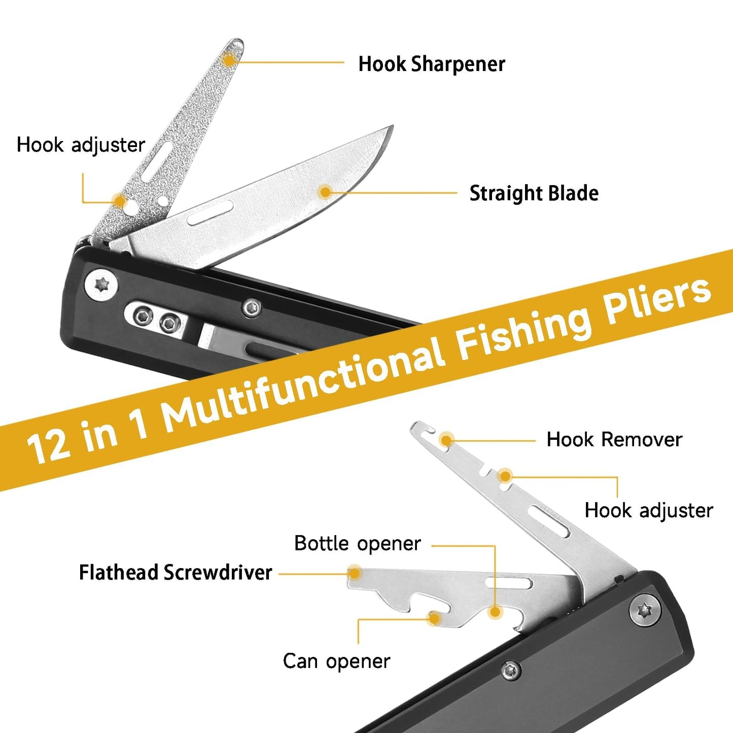 QDX 12-in-1 Saltwater Fishing Pliers & EDC Multitool, Titanium Coated Marine-Grade Stainless Steel Folding Pliers, Gifts for Men, Compact Pen-Sized Braid Cutter, Hook Remover & Split Ring fishing gear