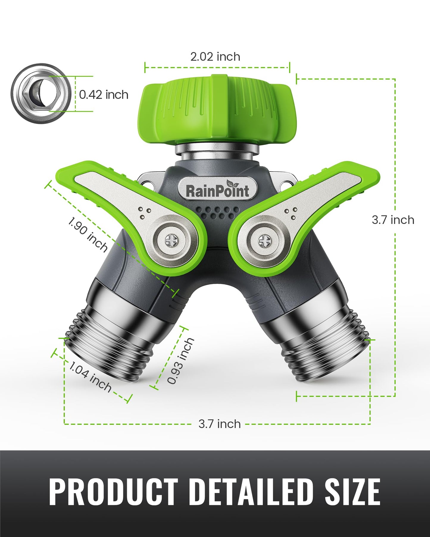RAINPOINT Garden Hose Splitter, 2 Way Heavy Duty Water Hose Y Spigot Splitter with Shutoff Valves, 100% Metal Body Outdoor Faucet Splitter, 1.9" Extra Long Metal Handle, 3/4" GHT Thread (1, Green)