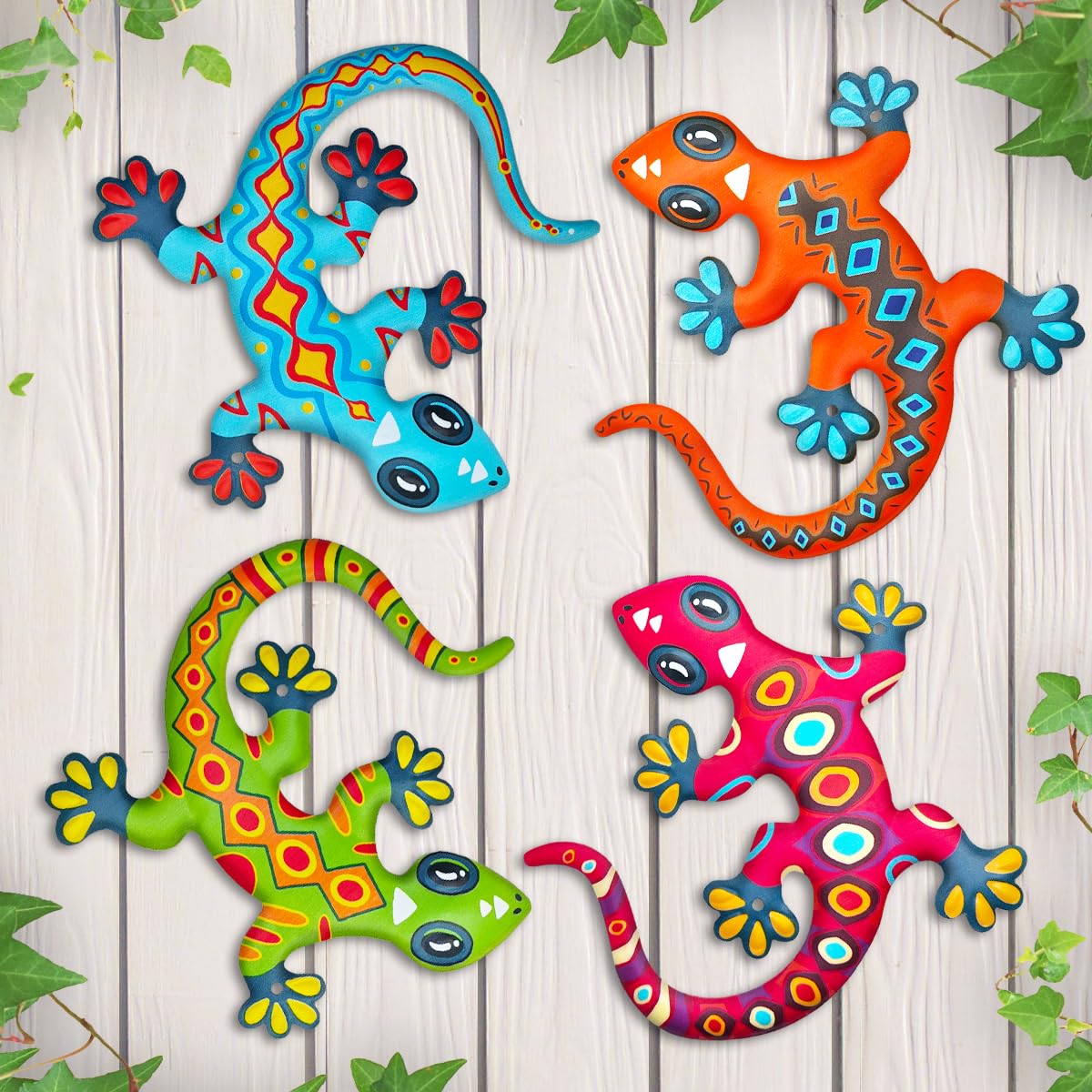 Kggetr Metal Gecko Wall Art Decor- Outdoor Lizards Hanging Decoration for Garden Yard Fence Patio Balcony(4 Pack)