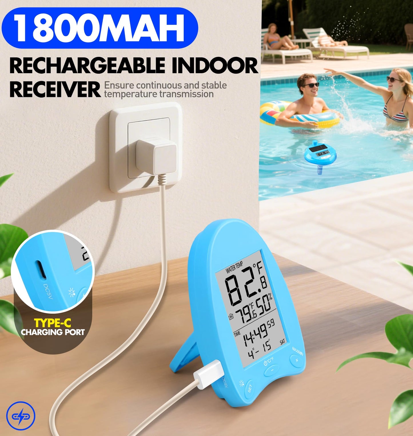 Pircaath 2025 Solar Wireless Pool Thermometer | Dynamic LED Light Show & Dual Backlit Display - Easy Read, 650FT Wireless Transmission | Floating Pool Water Temperature Gauge for Pools & Spas