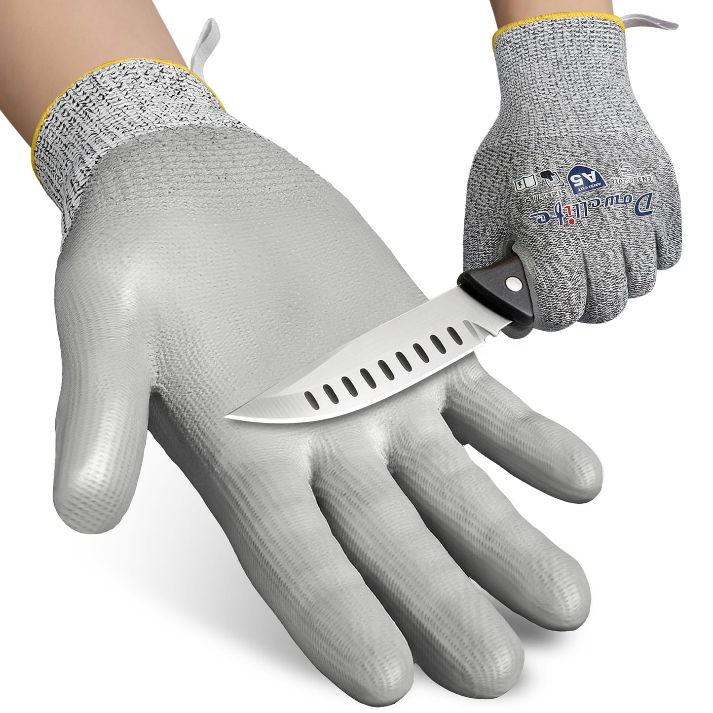 Dowellife Cut Resistant Work Gloves for Men & Women - ANSI A5 & EN388 Level 4, Breathable PU Coated, Grey Non-Marking - for Gardening, Fishing, Automotive, Construction, Wood Carving (Large, Grey)