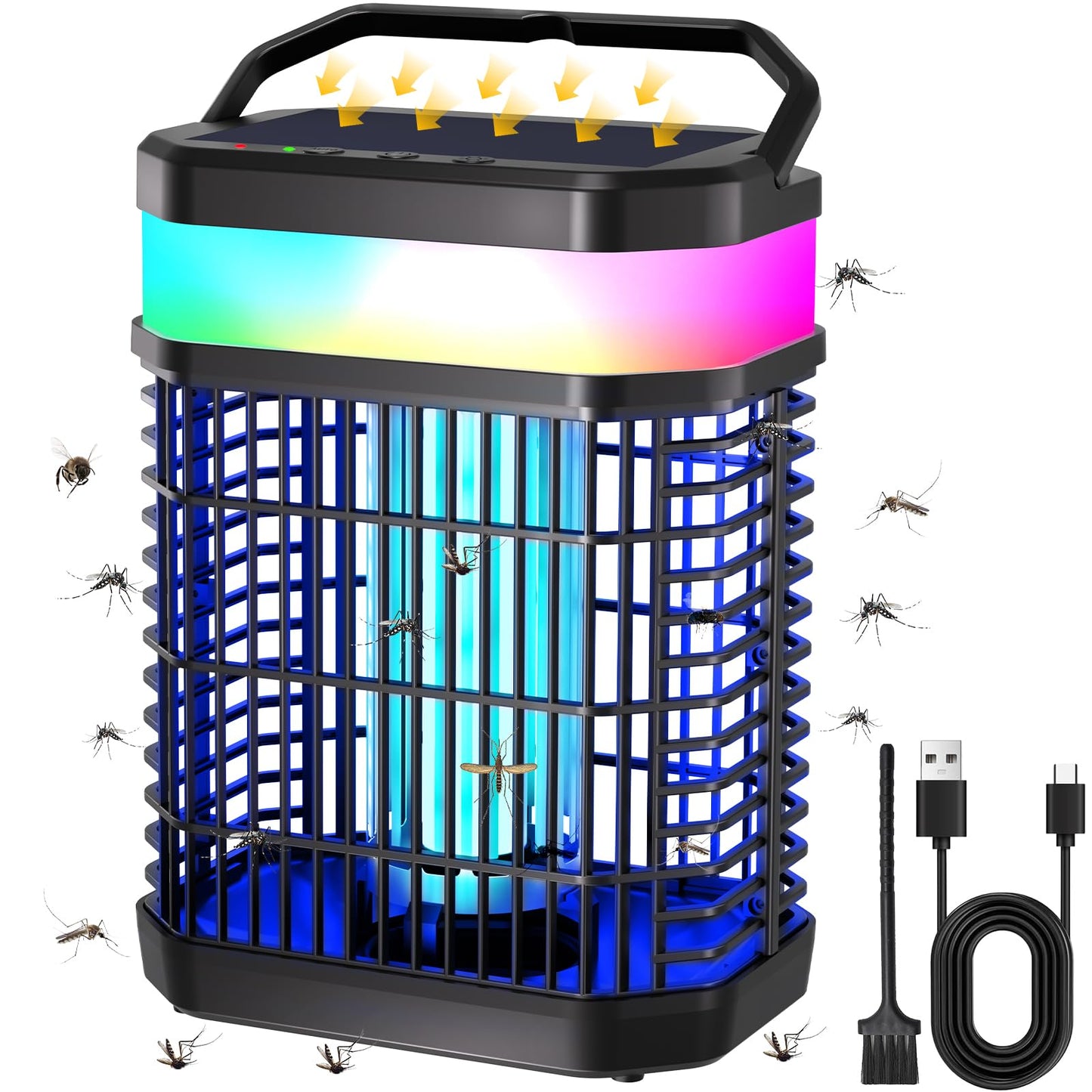 Solar Bug Zapper Outdoor, 4 in 1 Portable & Rechargeable Bug Zapper Outdoor with 5000mAH Battery, 4000V Mosquito Zapper Waterproof with LED Night Light, for Camping, Patio, Backyard (Black)
