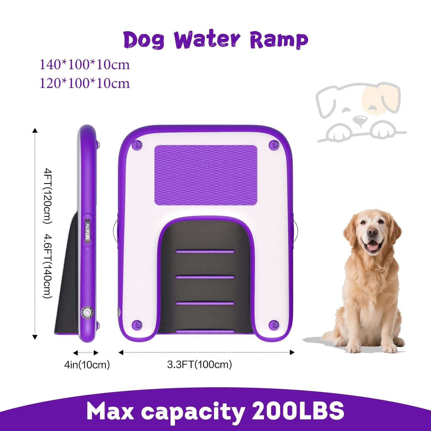 ALIFUN Inflatable Dog Ramp For Boat, Large Dog Water Ramp with Manual Pump, Non-Slip EVA Durable Floating Dock Ladder Up to 90 LBs, Pup Plank for Swimming Pool, Boat, Lake & Ocean (55"L x 39"W x 4"H)