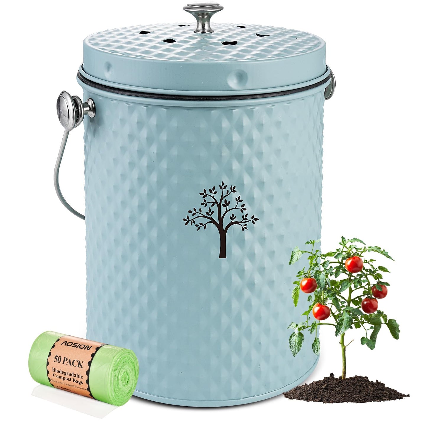 AOSION Countertop Compost Bin Kitchen,Odor Resistant Indoor Compost Bin with Lid and Compost Bags,Compost Bucket Composter Container for Food Waste,Blue