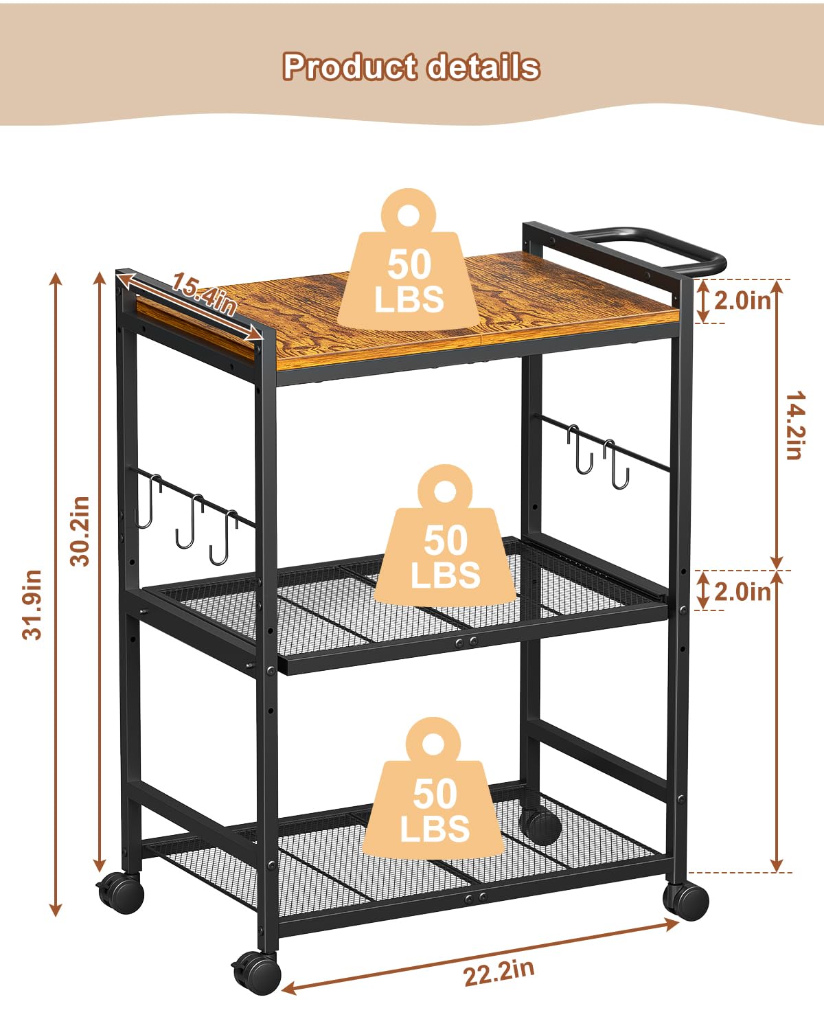 Feyejade Microwave Cart with Adjustable Shelves 3-Tier, Rolling Kitchen Cart with Push Handle, Microwave Stand with Storage, Small Utility Cart with Drawer Slider Shelf for Kitchen, Living Room