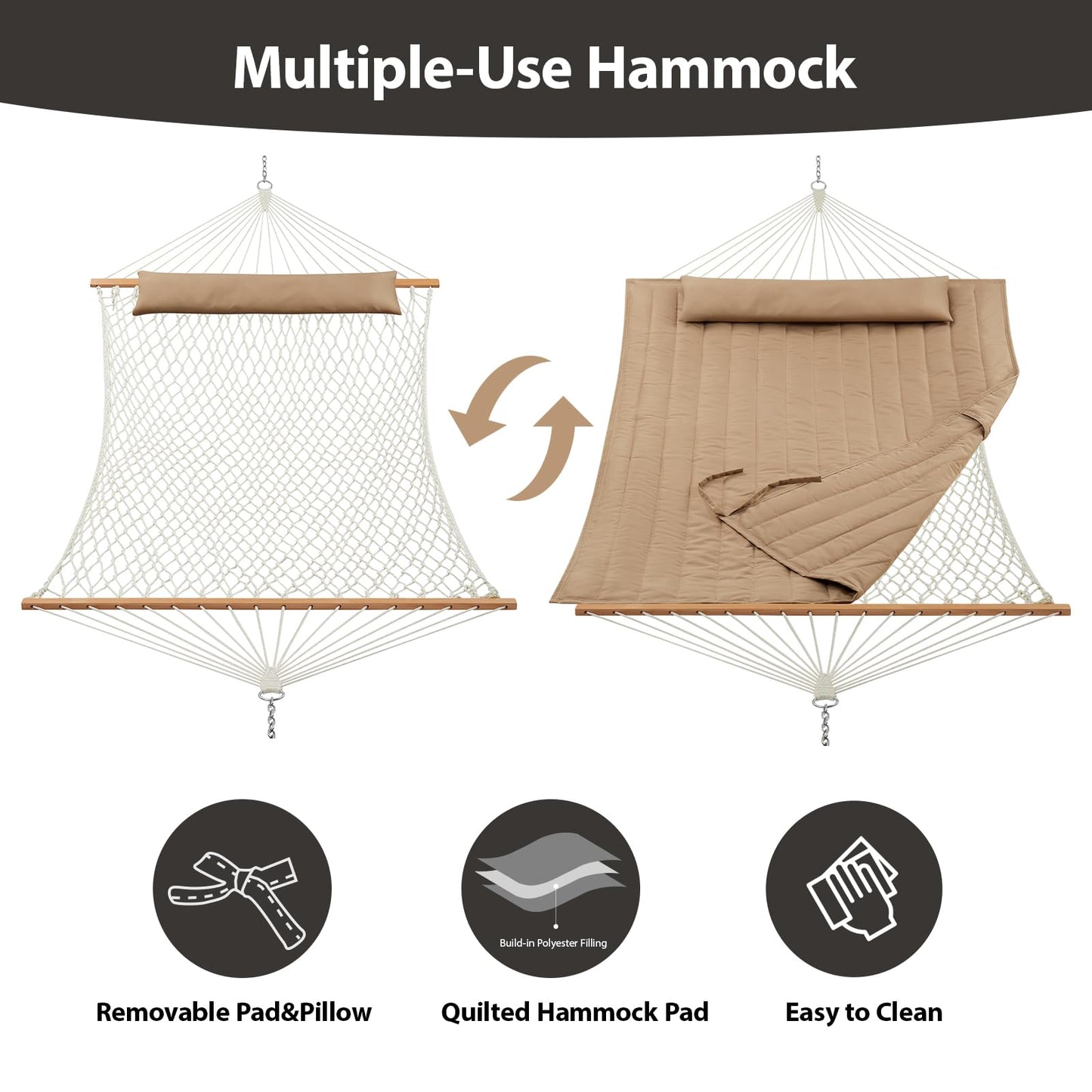 CHULIM Outdoor Double Hammock with Hardwood Spreader Bars, Large Rope Hammock with Polyester Pad and Pillow, 475 LBS Capacity for 2 Person Patio Backyard Poolside - Tan