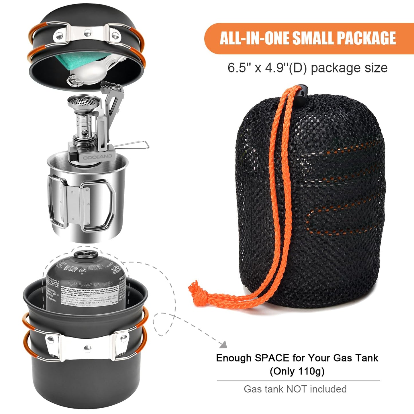 Odoland 8pcs Camping Cookware Mess Kit, Camping Pot and Pan Set with Mini Backpacking Stove, Stainless Steel Cup, Spork and Tank Bracket, Cooking Gear for Outdoor, Hiking, Picnic, Campfire, Red