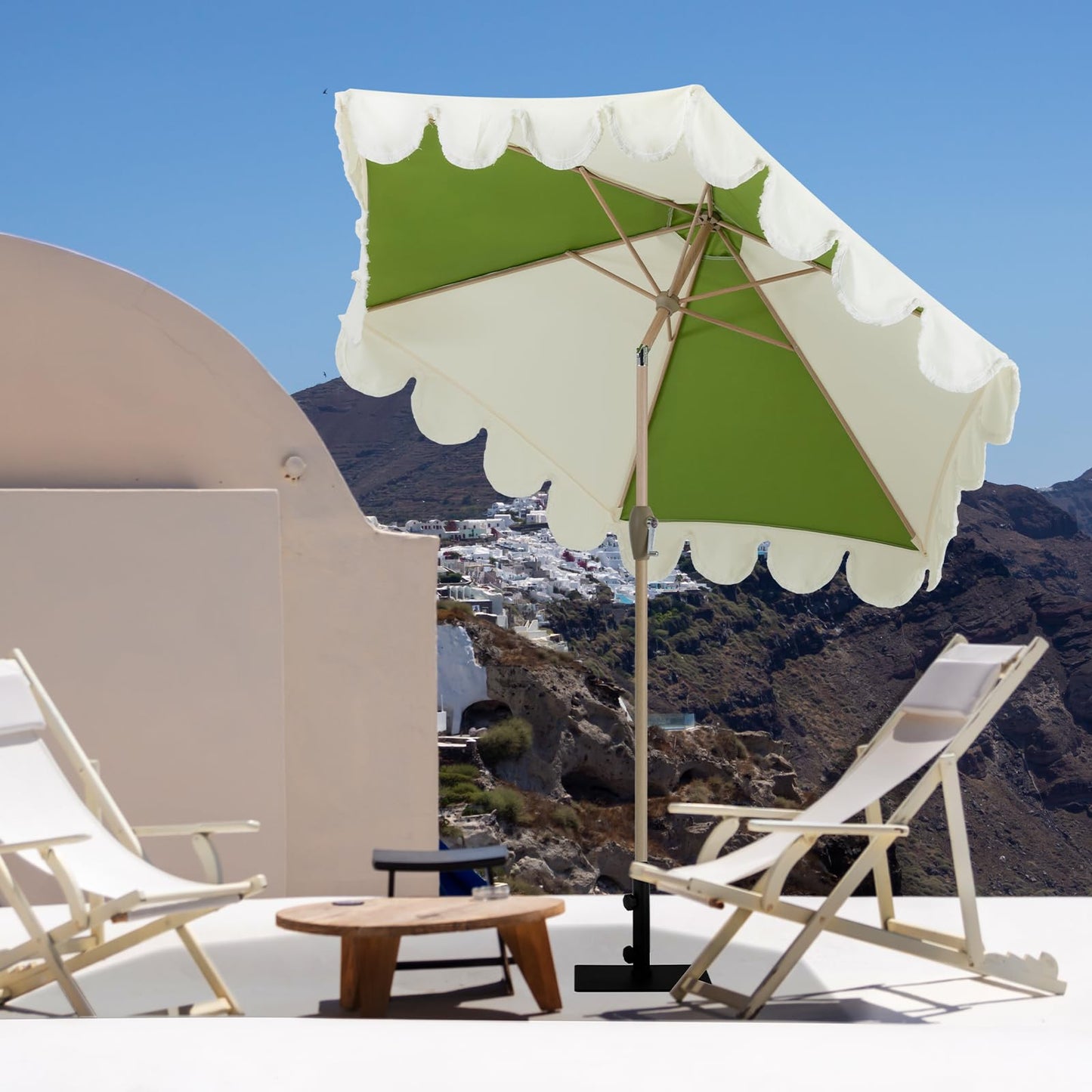 Tempera 9ft Scalloped Patio Umbrellas with Fringe, Market Umbrellas with Water-Resistant and Fade Resistant Canopy, 1.5" Wood Pole & Button Tilt.