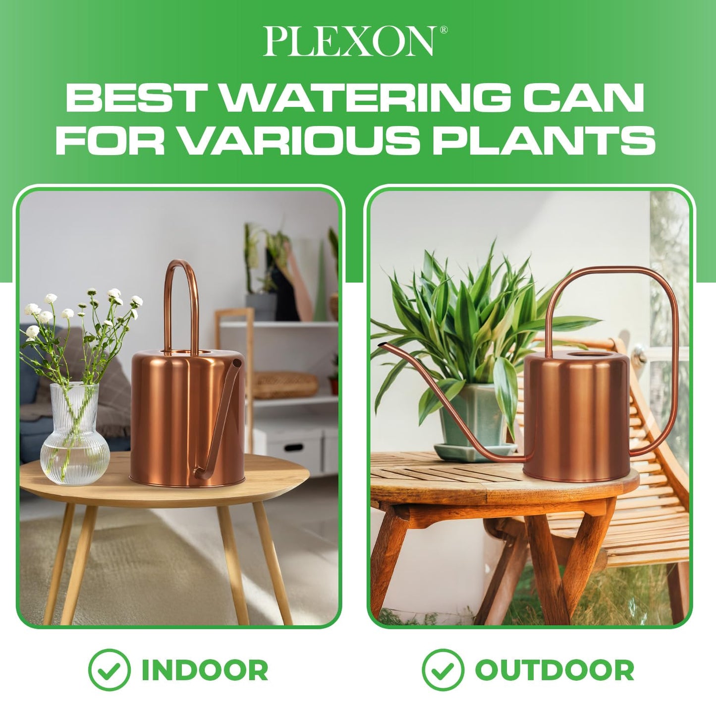 Plexon Rose Gold Metal Watering Can Indoor Plants, 54 oz Stainless Steel Long Spout Watering Can Outdoor House Plant Flower, Garden