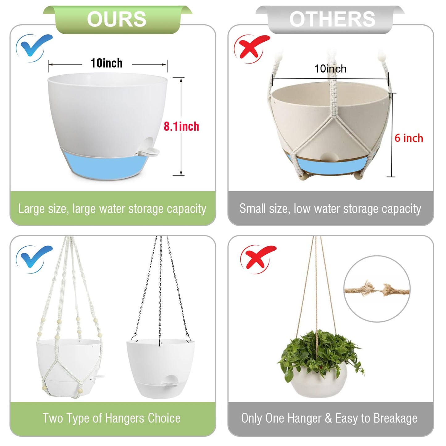 Meowell 10 inch Self Watering Hanging Planters, 2 Pack Hanging Flower Pots for Indoor Outdoor Plants, Hanging Baskets with Drainage Holes & 2 Kinds of Plant Hangers for Garden Home Decor, White