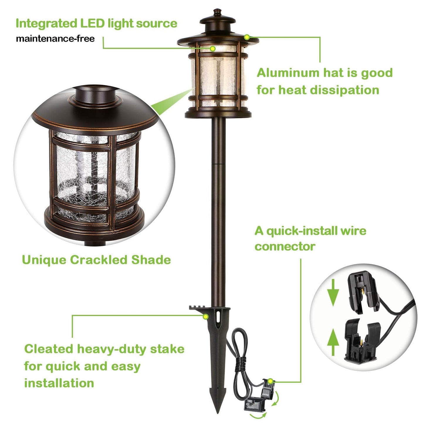 hykolity Low Voltage ORB LED Landscape Path Light with Crackled Glass Shade, 3.4W 155LM 12V-15V Wired Outdoor LED Walkway Light, Die-cast Aluminum Construction, 30-Watt Equivalent, 6 Pack