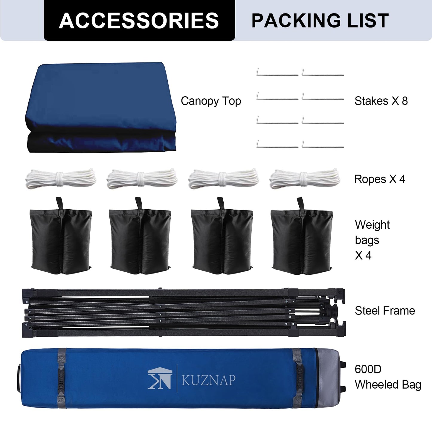 KUZNAP 12’x12’ Pop up Canopy Tent Patented EZ Set up Instant Outdoor Canopy with Wheeled Carry Bag Bonus 4 Weight Sandbags, 8 Stakes and 4 Ropes， Blue