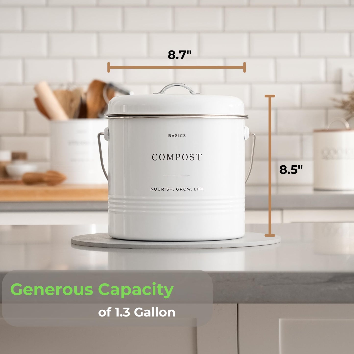 D'Lifeful Kitchen Compost Bin – 1.3 Gallon Countertop Farmhouse Compost Container with Lid – Odorless Indoor Food Scrap Pail with 6 Charcoal Filters – Eco-Conscious and Easy to Clean (White)
