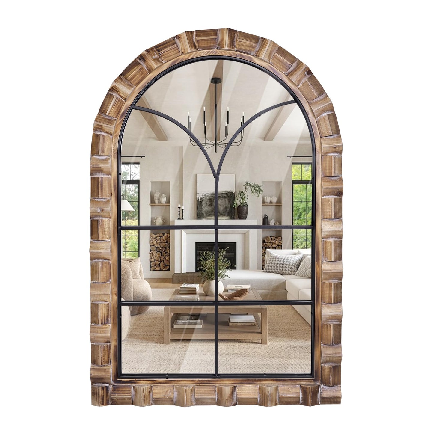 XGGJWW 36x24 Inch Arched Window Pane Wall Mirror - Rustic Farmhouse Solid Wood Decorative Mirror for for Living Room, Bedroom, Entryway & Bathroom