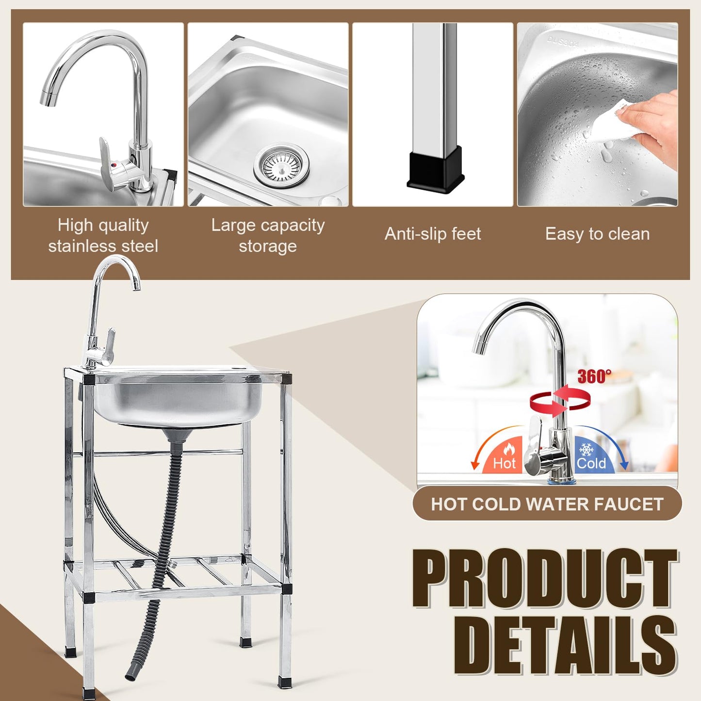 Tandefio Freestanding Outdoor Kitchen Utility Sink Set Stainless Steel Single Bowl Sink Portable Commercial Utility for Restaurant Cafe Bar Hotel Garage Laundry Room(Single Bowl)