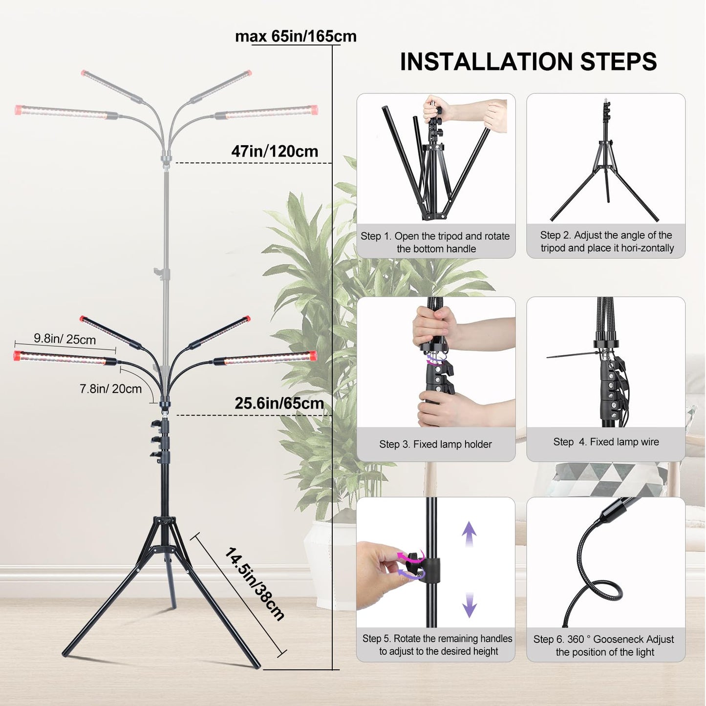 FRGROW 4Head Grow Light with Stand for Tall Indoor Plants, Bonsai Tree, Bright Full Spectrum Plant Growing Lamps, 4/8/12/16/20H Timer, 36 Watt Power Draw, NO Need Adapter, 360° Gooseneck