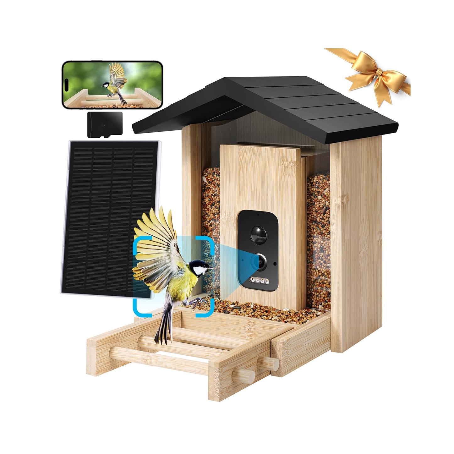 Smart Bird Feeder with Camera, 2.5K HD Camera Bird Feeder, AI Identify, Solar & Battery Powered, Auto Capture & Notify in Time, Bamboo Wooden, Ideal Gift for Family(1.55L)
