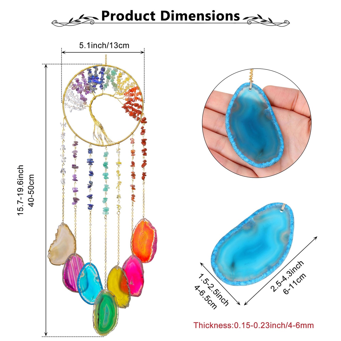 Yoption Tree of Life Agate Slice Wind Chime, Handmade 7 Chakra Healing Crystal Stone Wind Chime for Home Wall Garden Decorative Ornament, Unique Gift