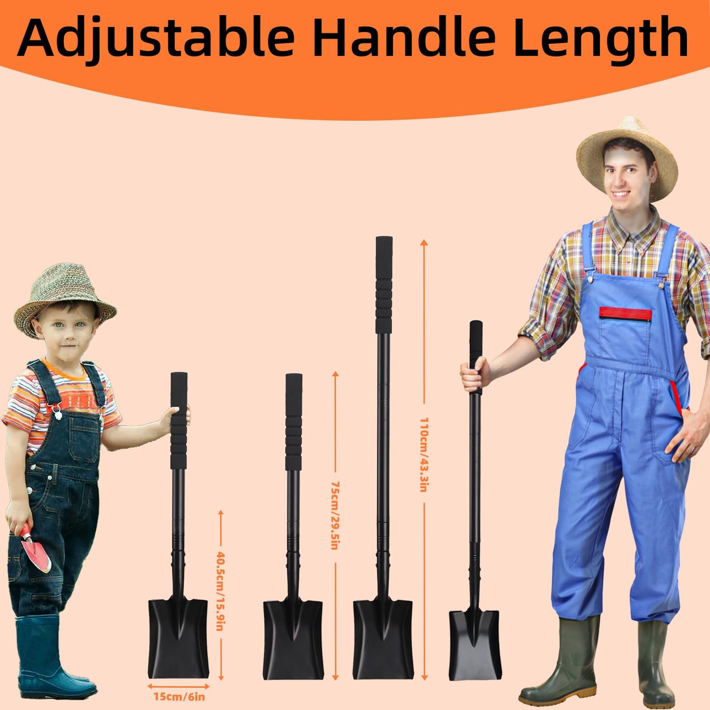 Small Square Shovel 43.3Inches Heavy Duty Garden Tools with Metal Handle, Small Transfer Spade for Digging Camping Car Beach Shovel, Black