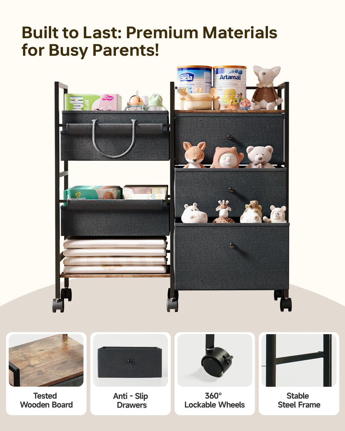 2-in-1 Baby Diaper Caddy Organizer and Storage-3 Tier Rolling Baby Cart with Dividers and Drawers, Baby Essentials for Nursery Storage, Mobile Utility Cart with Wheels Large Capacity Easy To Assemble