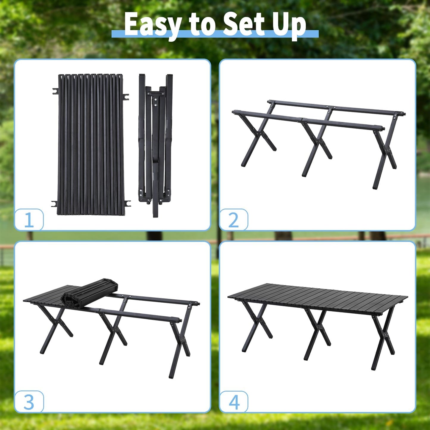 4Ft Aluminum Folding Camping Table, Portable Picnic Table, Outdoor Lightweight Collapsible Camp Table, Roll-up Camping Table for Beach,Party, Patio, BBQ, Travel, Backyard (Black Upgraded Version)