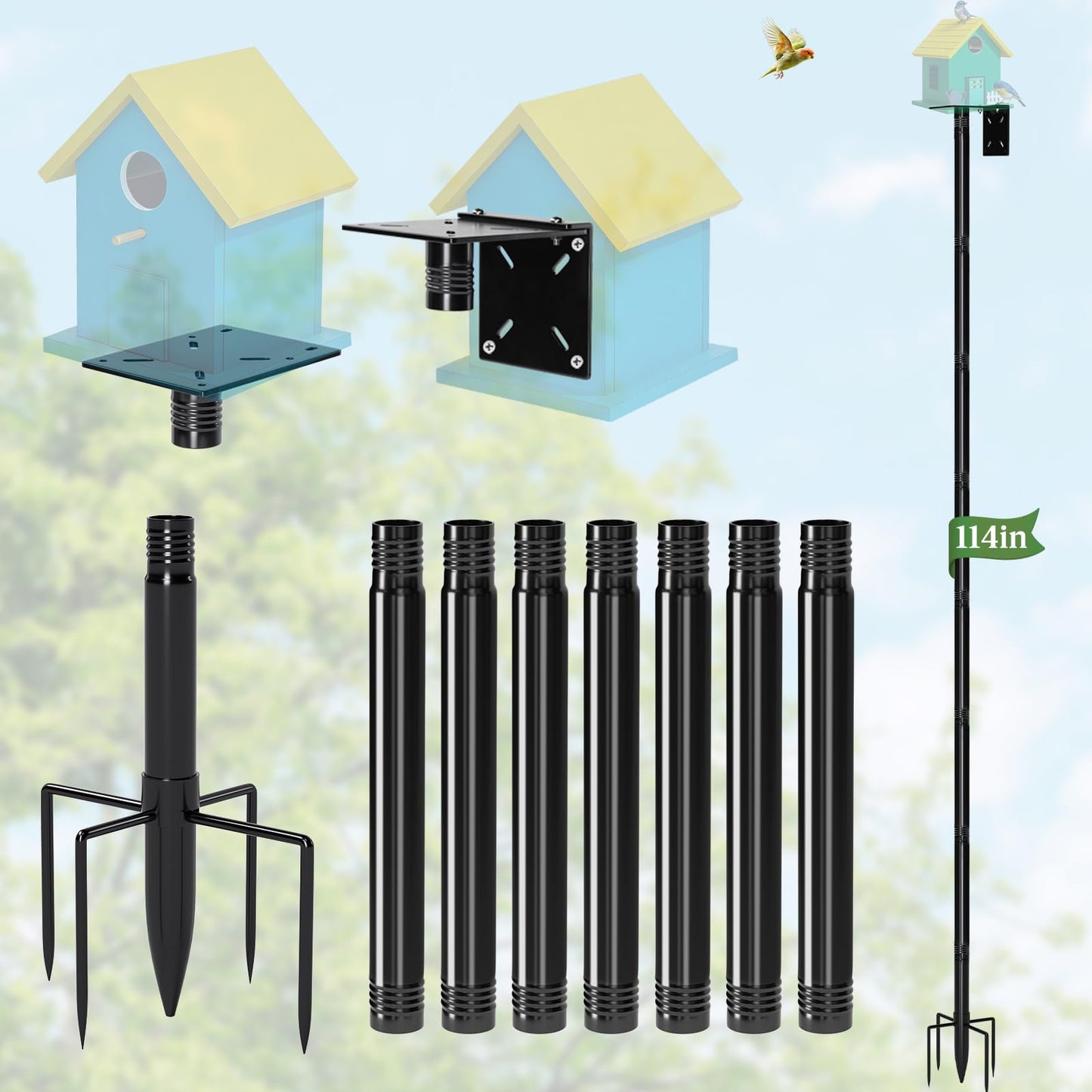 114-Inch Birdhouse Pole Stand, Heavy Duty Metal Bird House Mount with Ground Stake Base, Multi-Section Outdoor Pole for Birdhouses, Feeders & Garden Decor