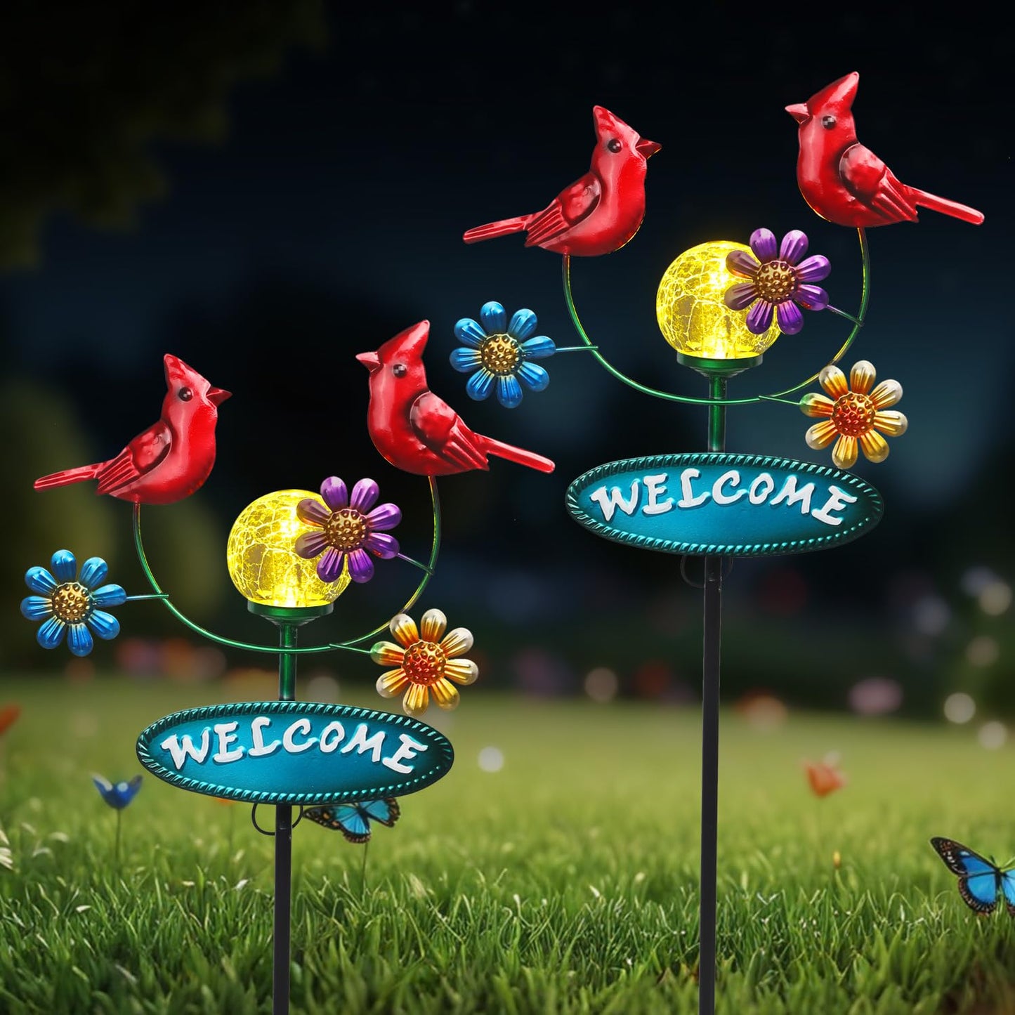 Newinhome Solar Garden Stakes Metal Welcome Signs for Outside 29.5', 2 Flying Cardinals with Cracked Glass Ball,Decorative Garden Stakes for Lawn, Patio, Cardinal Gifts for Women