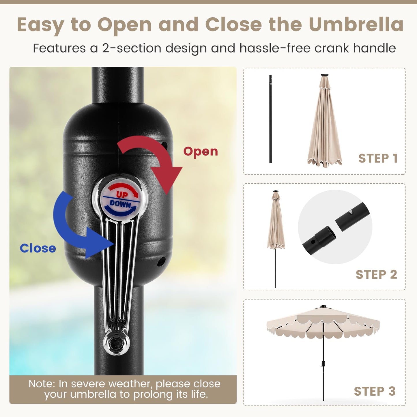 Tangkula 9 FT Solar Patio Umbrella, 2-Tiers Scalloped Outdoor Table Market Umbrella with 32 LED Lights, Vented Top, Tilt Adjustment, Crank, 8 Ribs for Backyard Poolside Deck Beach Lawn (Beige)