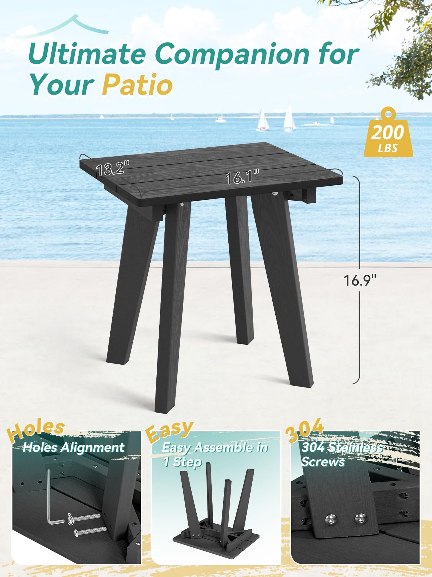 Homenjoy Outdoor Side Table, HDPE Weather Resistant Small Patio Table for Porch and Balcony, 200 LBS Capacity Heavy Duty Small Outdoor Table for Backyard and Pool, Easy Maintenance, Black