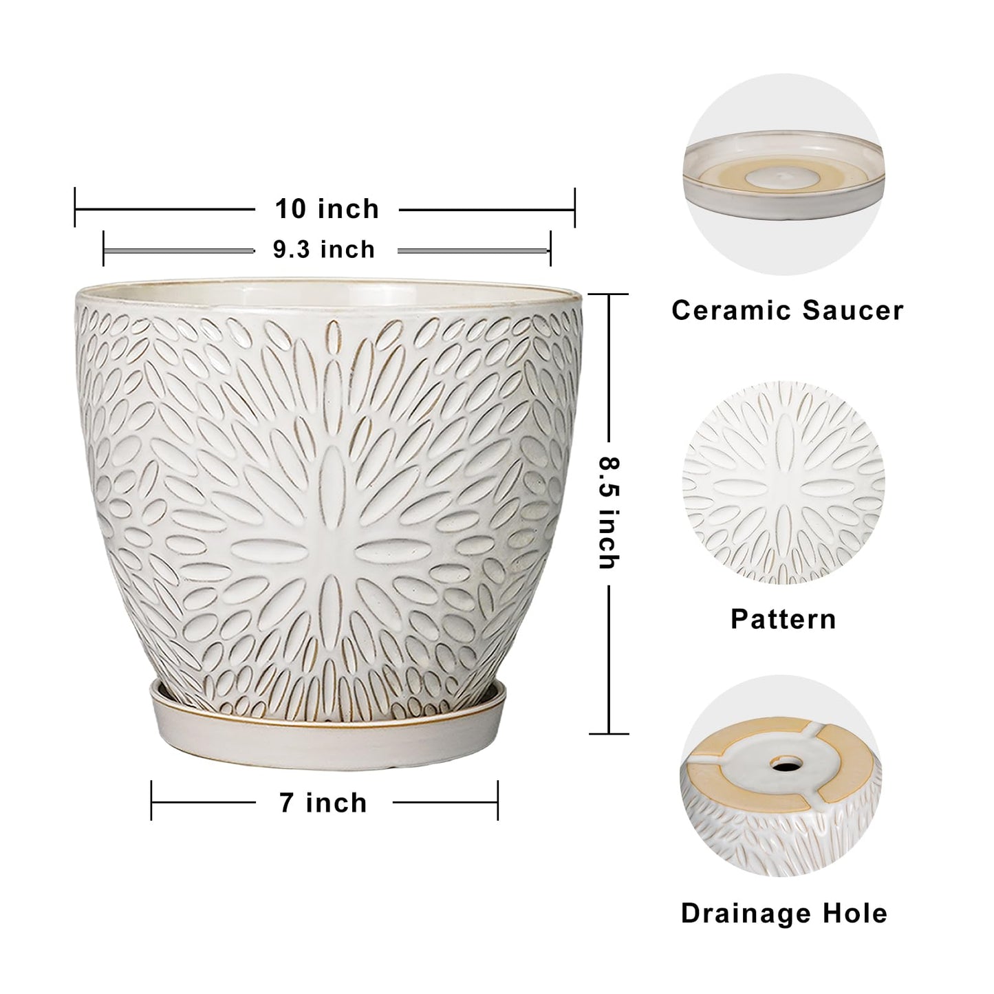 G EPGardening 10 Inch Ceramic Planter Pot with Drainage Hole and Saucer Large Plant Pot for Indoor Plants Outdoor Round Flower Pot for Home Garden Office White
