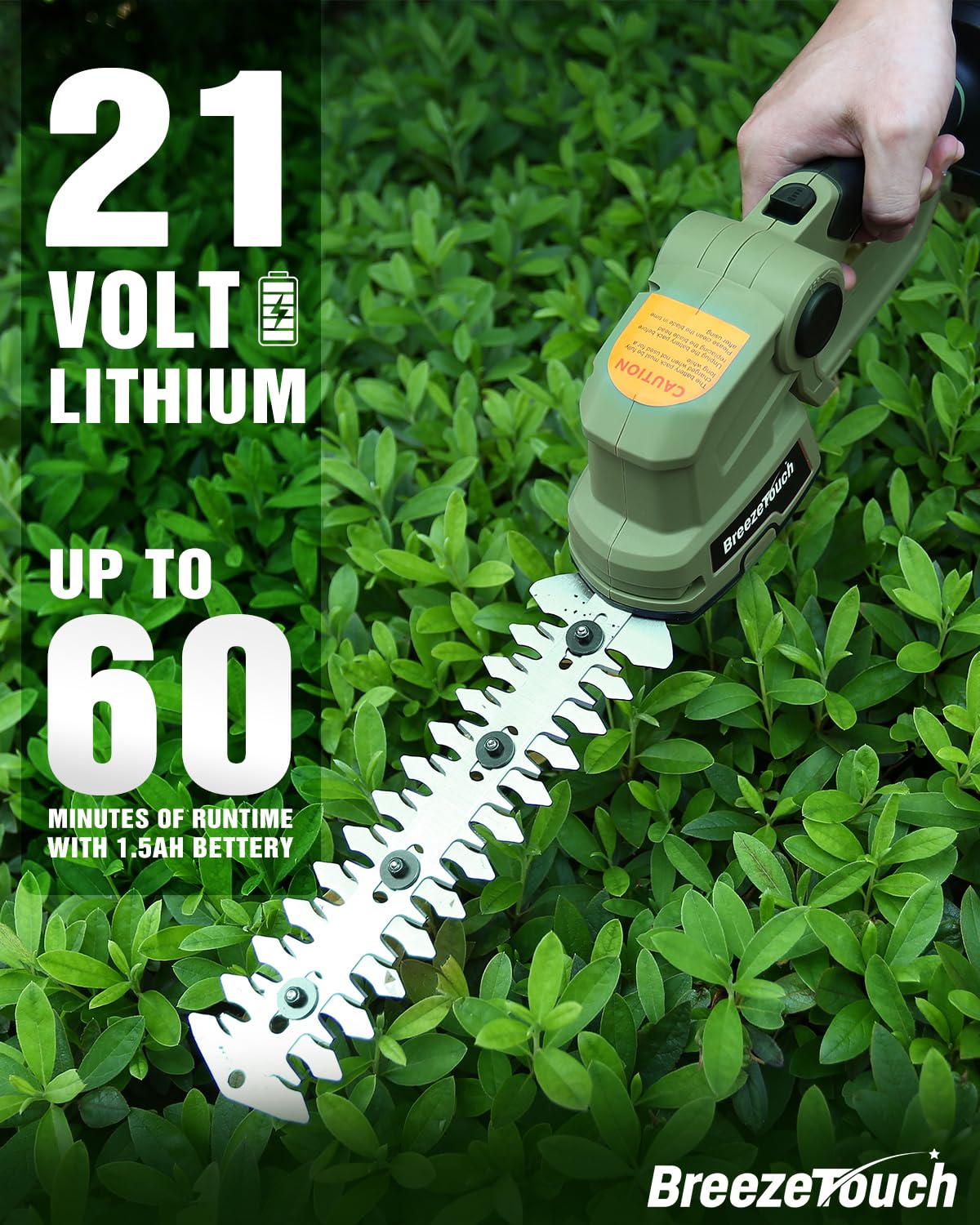 Breeze Touch 21V Hedge Trimmer Cordless with Battery and Charger, 2-in-1 Bush Trimmer Cordless & Grass Shear, Handheld Electric Hedge Trimmers with 4.5"/8.5" Blades for Garden & Lawn