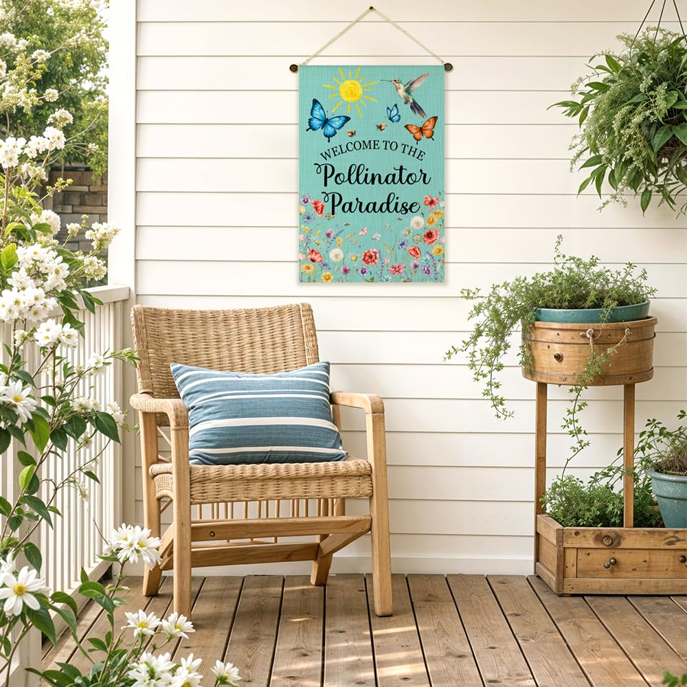 JQYCJTR Welcome To The Pollinator Paradise Garden Flag Double Sided Yard Outdoor Decoration 12x18 Inch, Birds And Plants Welcome Yard Garden Flag, Gardener's Lover Porch Decoration Banner