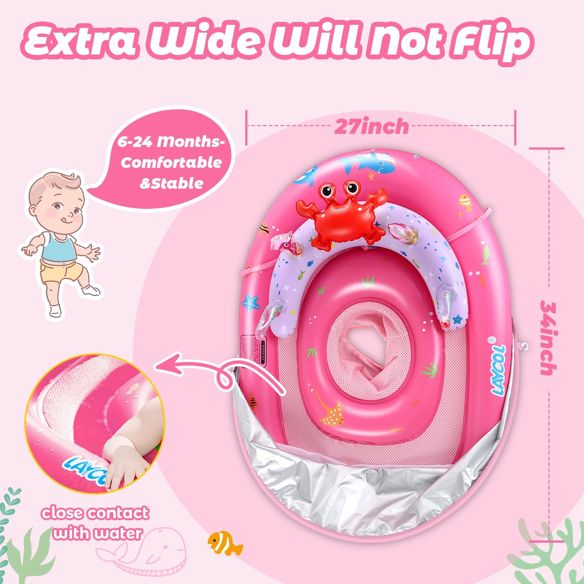 LAYCOL Baby Pool Float with Canopy UPF50+, 120°Adjustable Sun Protection and Anti-Tip Safety Seat, Inflatable Toddler Floaties Infant Pool Float with Animal Pool Toys, Baby Beach Essentials for 6-36M