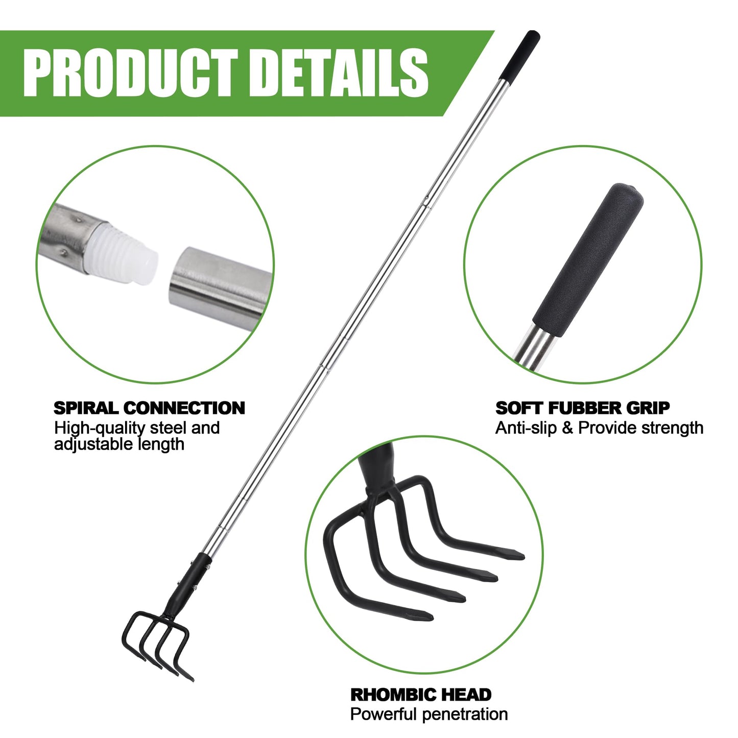 BARAYSTUS Long Hand Cultivator, Carbon Steel & Stainless Steel Tiller Cultivator, Garden Cultivator with Telescopic Handle and Soft Handle Cover, Hand Tiller for Digging Loosening Weeding