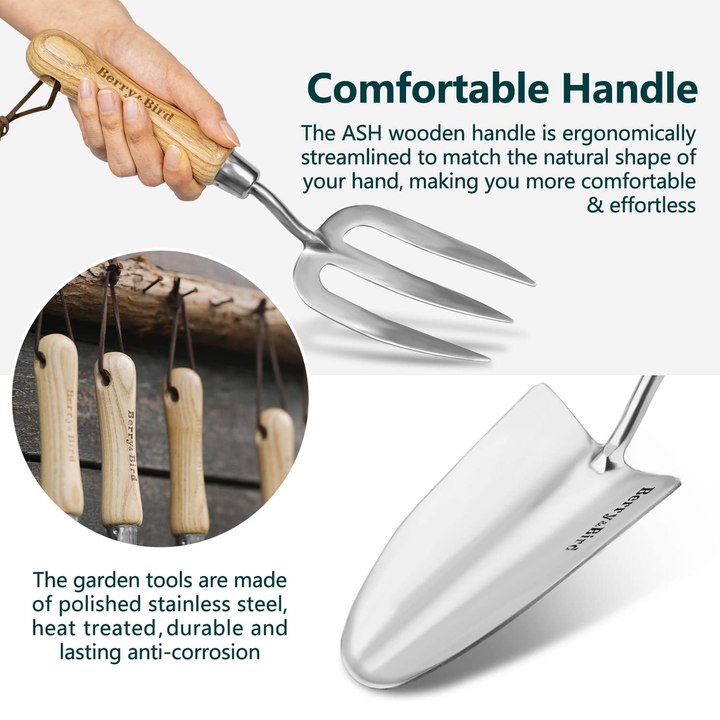 Berry&Bird Gardening Hand Tool Set - 3PCS Stainless Steel Garden Tool Kit Multifunctional Tool with Wooden Handle Trowel, Fork & Weeder for Weeding Planting Transplant, Ideal Garden Gift for Women&Men