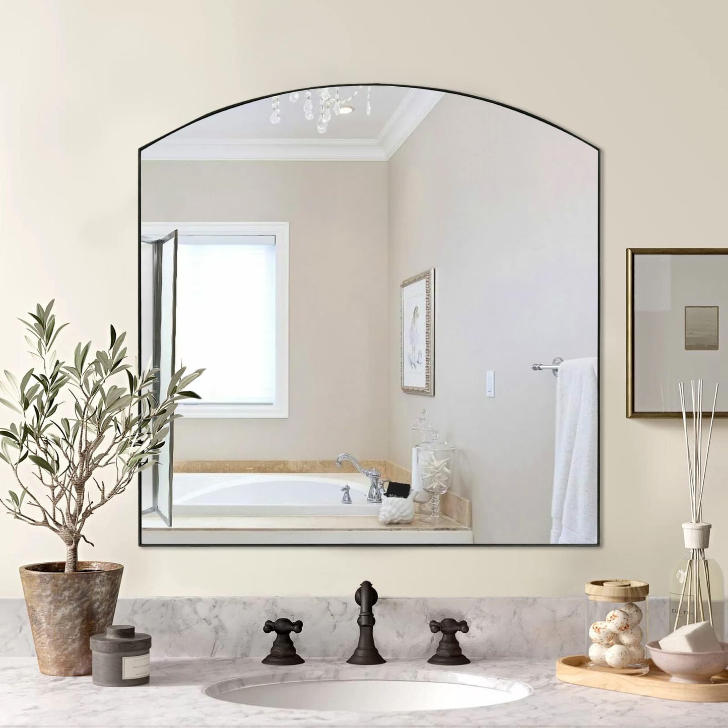 GIFTTROVE Matte Black Arched Window Mirror, 36" Metal Frame Decorative Wall Mirror, Windowpine Mirrors for Living Room, Bedroom, Entryway