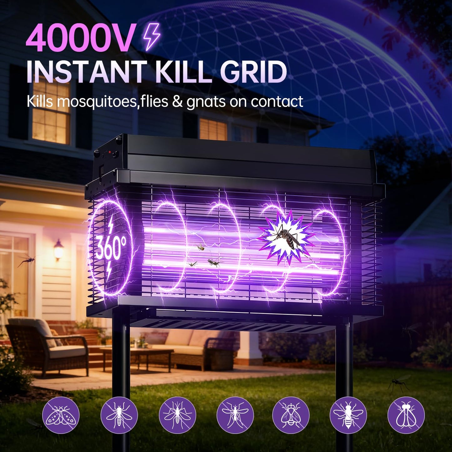Spansol Solar Bug Zapper Outdoor, Purple UV Mosquito Zapper with Smart Rain Off Rechargeable Mosquito Killer Lamp, Wireless Solar Powered Fly Trap for Yard Patio RV Camping (Black)