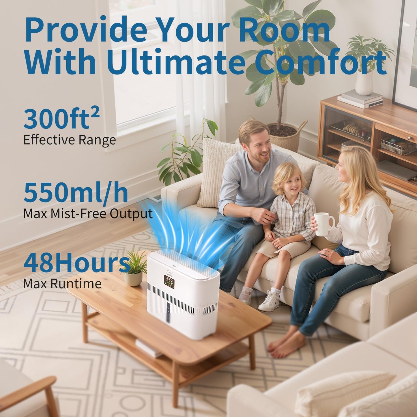 LAVIEAIR Evaporative Humidifiers for Bedroom, Living Room, Nursery, Large Room up to 300 ft², Mist-free No White Dust Top Fill Humidifier for Baby, Plants, 5L Tank, Max 48H Runtime, Easy to Clean