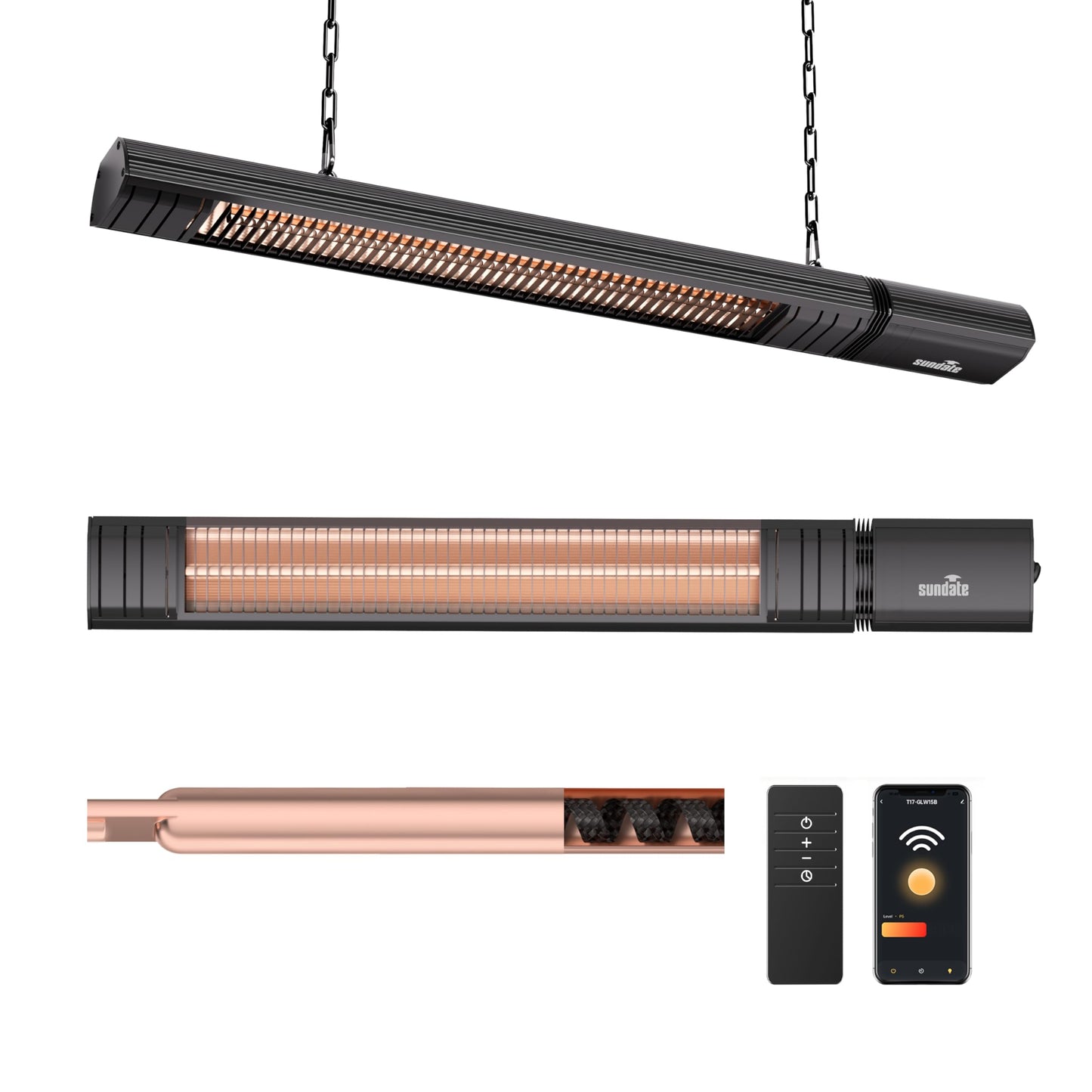 Ceiling Electric Outdoor Heater Wifi Control Wall-Mounted Hanging Patio 1500W Infrared 9 Heat Levels, 24H Timers, Carbon Fiber Tube Heating Wall Heater for Gazebo, Balcony (Rose Gold Quartz Glass)