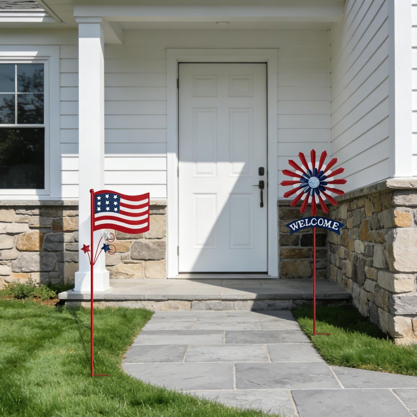 A ANLEOLIFE Decorative Garden Stakes for Outside, Metal Garden Decor Rustic American Flag and Welcome Sign, Yard Stakes Indoor & Outdoor Patio Lawn
