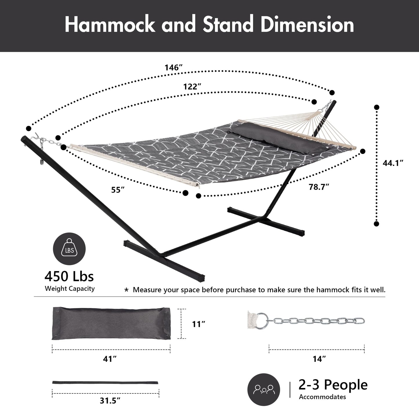 ANOW Double Hammock with Stand Included, 2 Person Hammock with Stand for Outside, 450 LBS Weight Capacity, Gray Cube