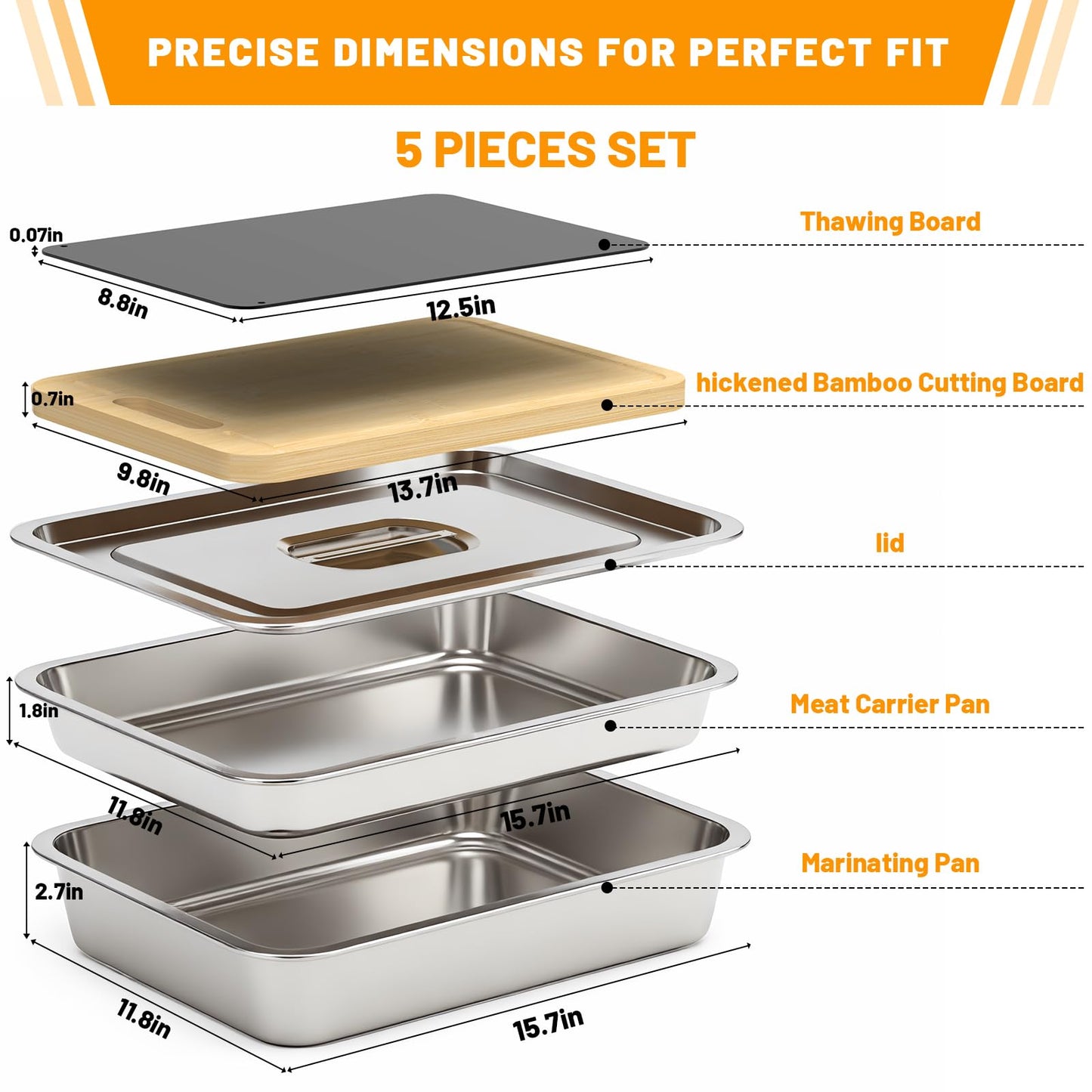 Sirozi 5pcs Grill Prep Trays Sets, Stainless Steel Grilling Prep and Serve Tray, Marinade Container with Lid, Thawing Board, Cutting Board, BBQ Grill Accessories, Grilling Gifts for Mens