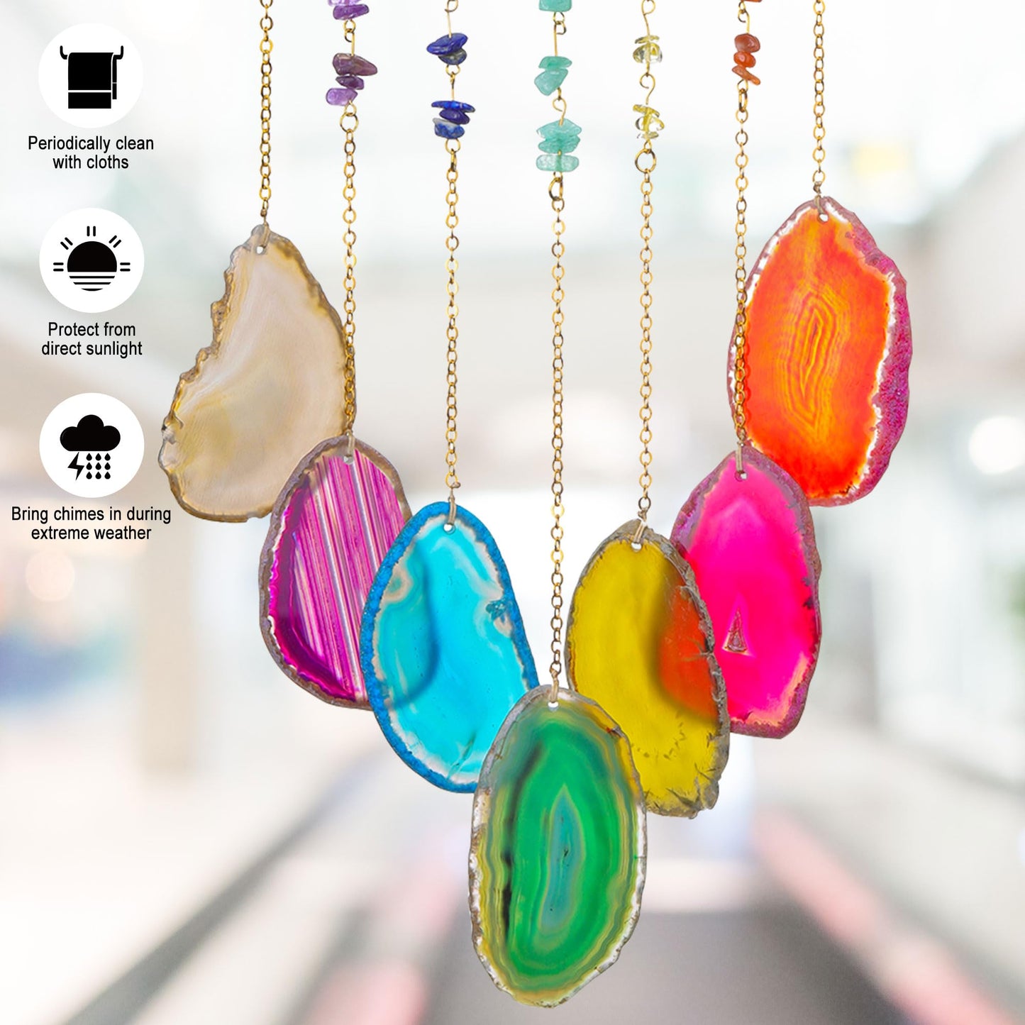 Yoption Tree of Life Agate Slice Wind Chime, Handmade 7 Chakra Healing Crystal Stone Wind Chime for Home Wall Garden Decorative Ornament, Unique Gift