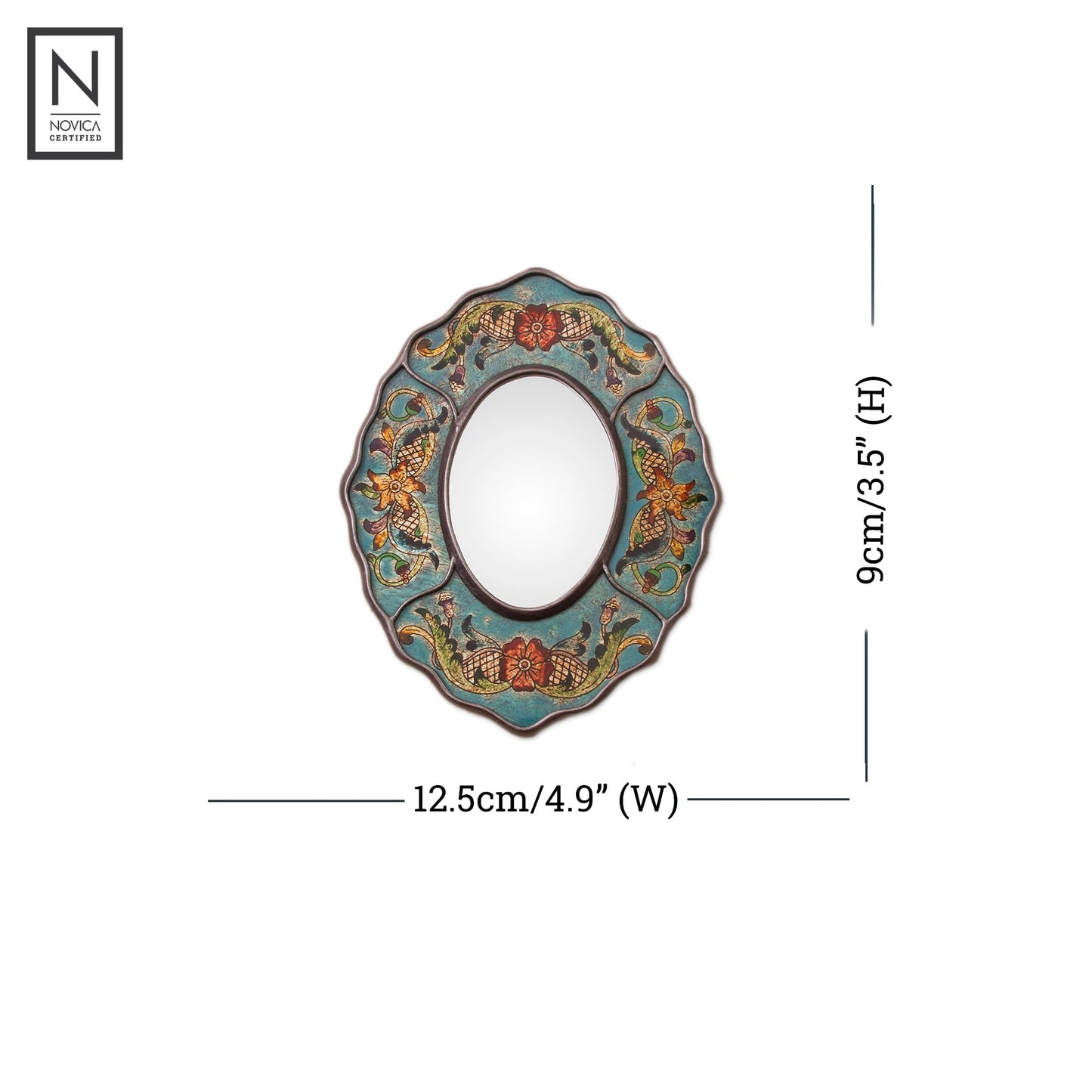 NOVICA Handmade Reversepainted Glass Wall Mirror Turquoise Floral from Peru Blue Wood Decor Mirrors 'Turquoise Colonial Wreath'