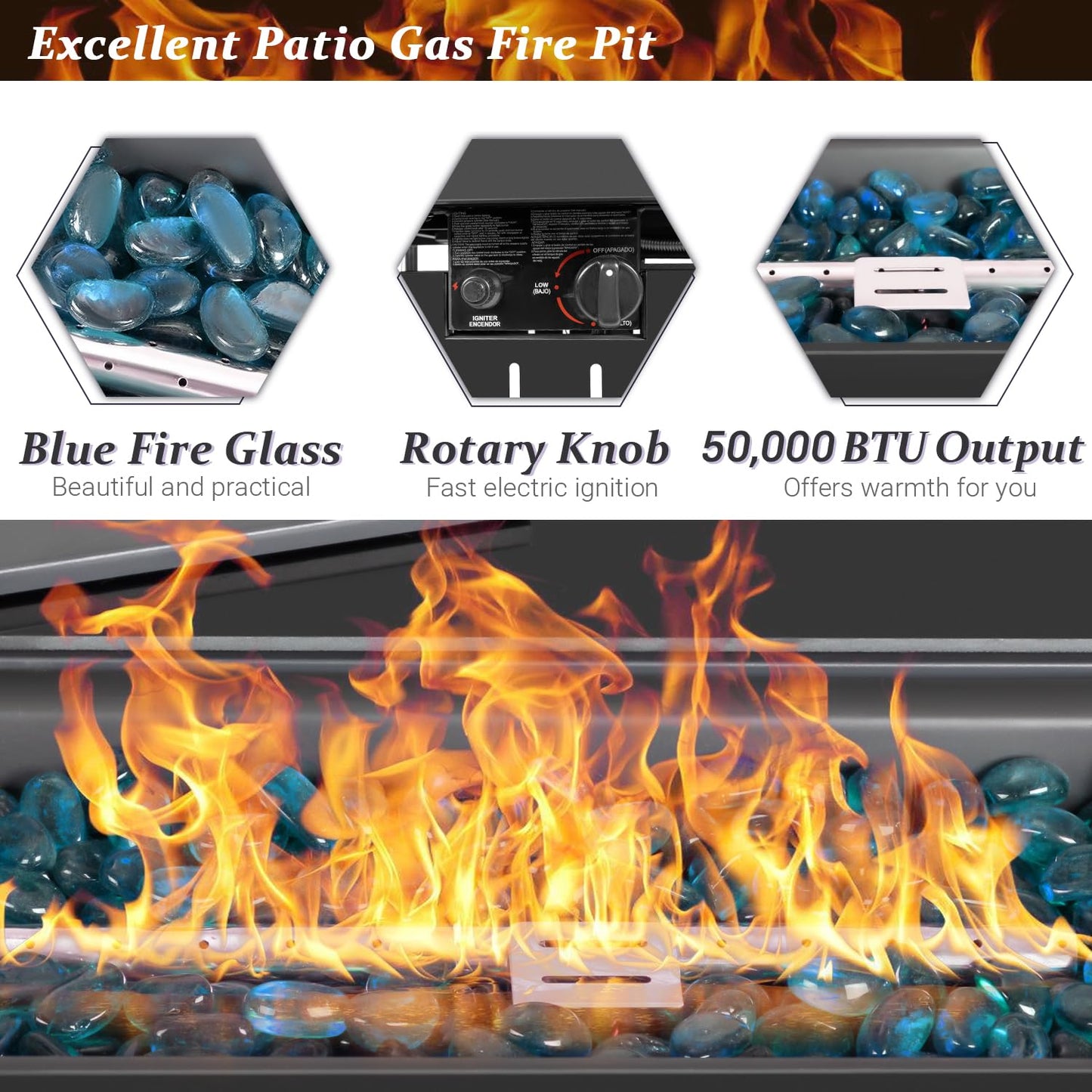 Greesum 44" Propane Gas Fire Pit Table 50,000 BTU Outdoor Rectangular FirePit with Lid, Rain Cover for Outside Garden Backyard Deck Patio, Black