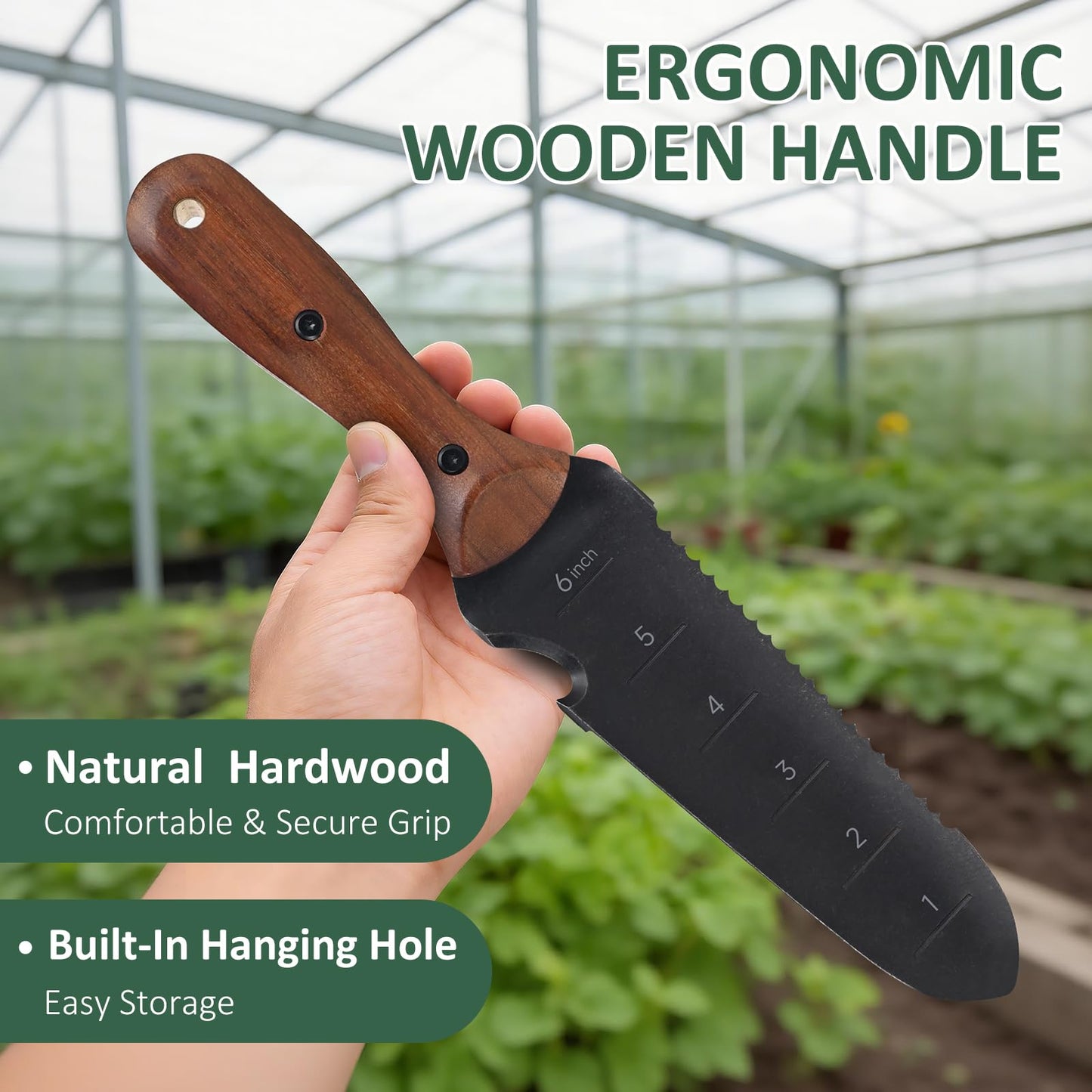 Griactrl Hori Hori Garden Knife with Measuring Scale, Heat-Treated Stainless Steel Blade, Ergonomic Wood Handle, Gardening Knife with Polyester Sheath for Weeding, Planting, Digging