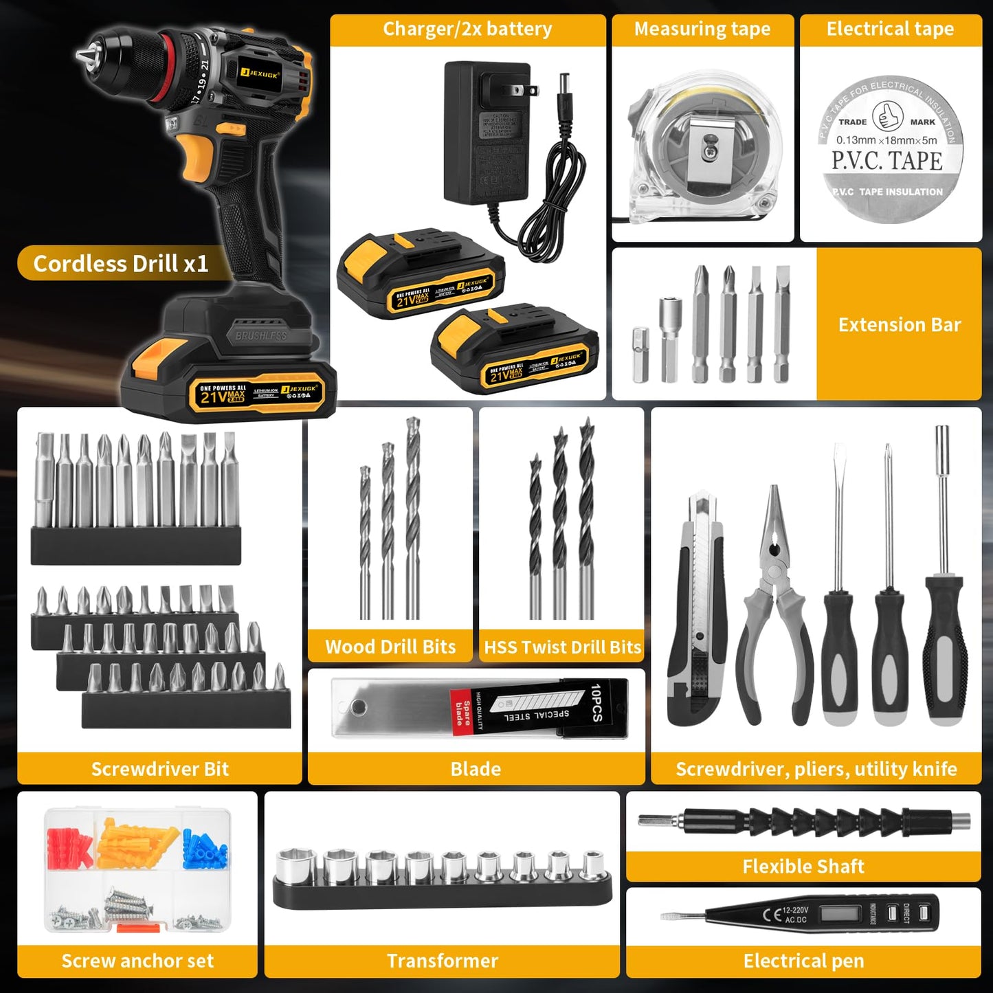 JEXUGK 60Nm Cordless Drill Tool Set, 21V Brushless Drills Kit with 2 x 2.0Ah Battery, Portable Household Basic Driver Case for Men & Women, Lady's Taladro Inalámbrico Toolbox for Home Hand Repair DIY