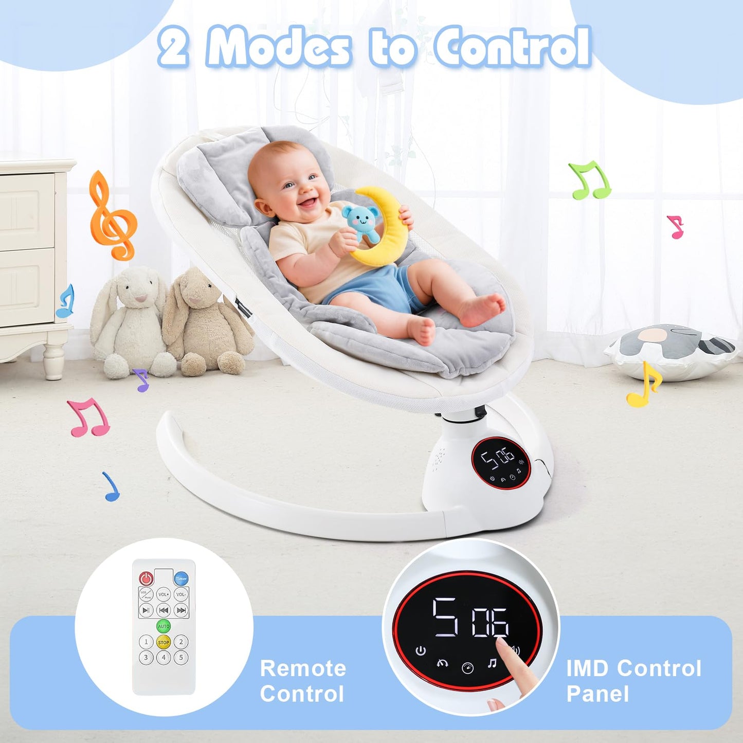 Soobaby Baby Swing for Infants,Electric Swing for Babies,Portable Swing for Baby Boy Girl,Remote Control Indoor Baby Rocker with 5 Sway Speeds,Music and Bluetooth,Bright Gray
