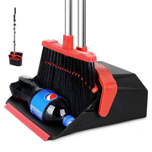 Tiumso Upgrade Broom with Dustpan Combo Set, Broom and Dustpan Set with 51'' Long Handle, Dust Pan and Brooms, ZeroGap Lip, Self-Cleaning Dustpans Teeth for Lobby Kitchen Restaurant - Black and Red