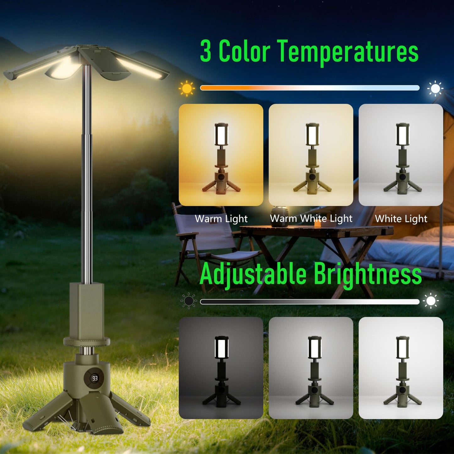 UBeesize Telescopic Camping Lights with Stand, 14000mAh Rechargeable Camping Lantern with Display, Hook and IPX5 Waterproof, Outdoor Portable Tripod Light for Travel, Fishing, Emergency Use